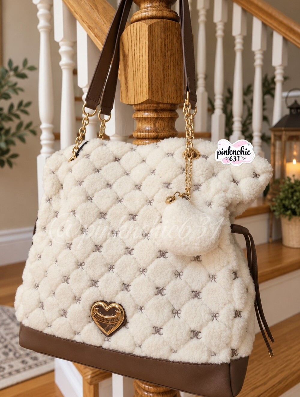 Juicy Couture Lovely Day Tote Cream Iced Coffee Plush Sherpa Y2K Shoulder Bag